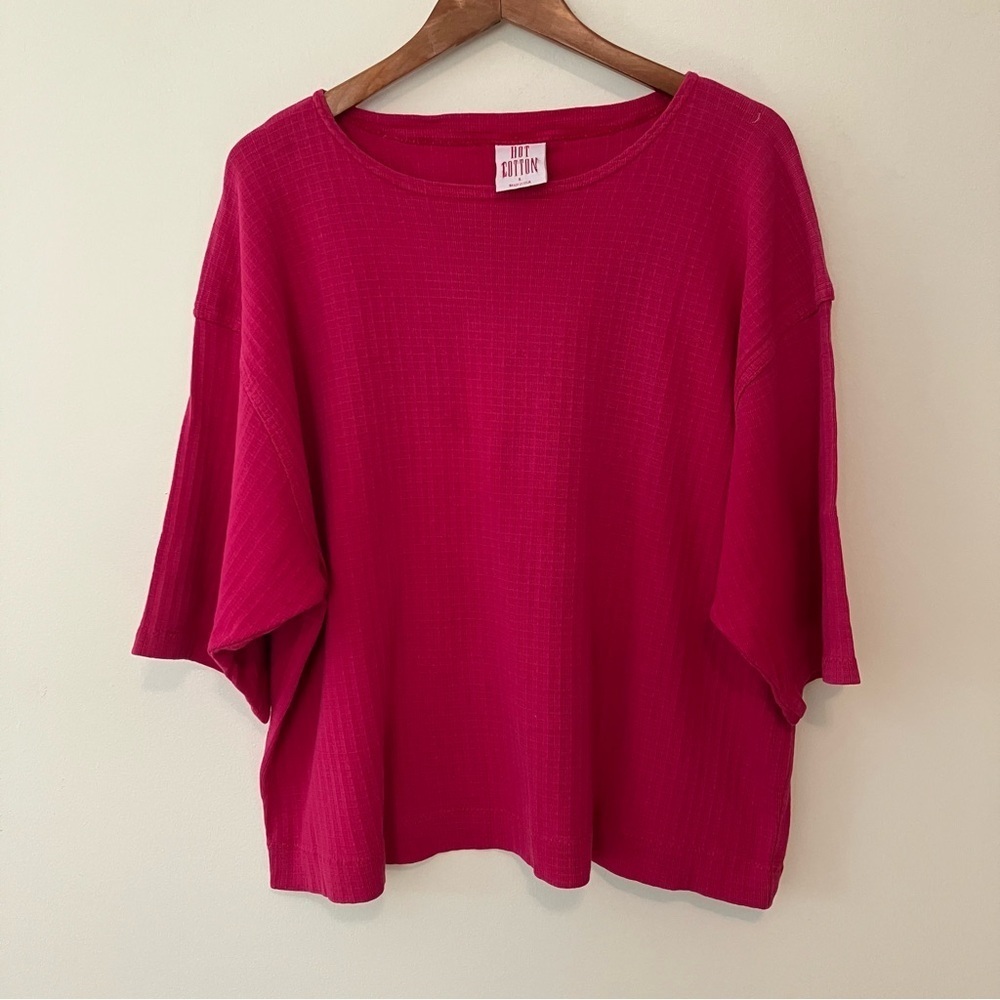 Hot Cotton Short Sleeve Shirt Sz L Waffle Knit Pink Woven Boxy Oversized USA